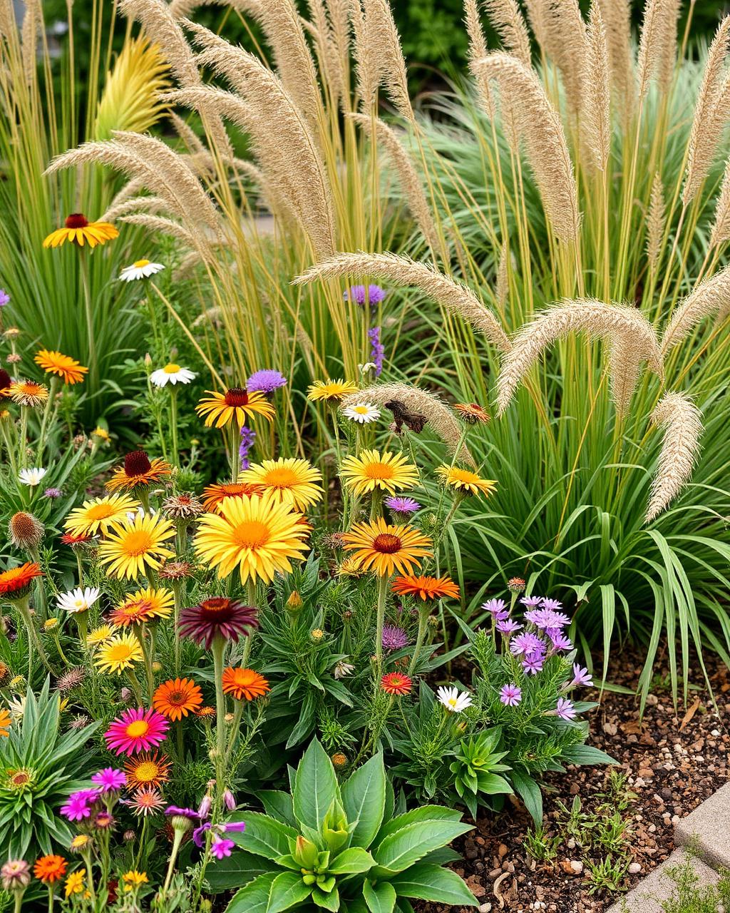 Wildflower garden with ornamental grasses