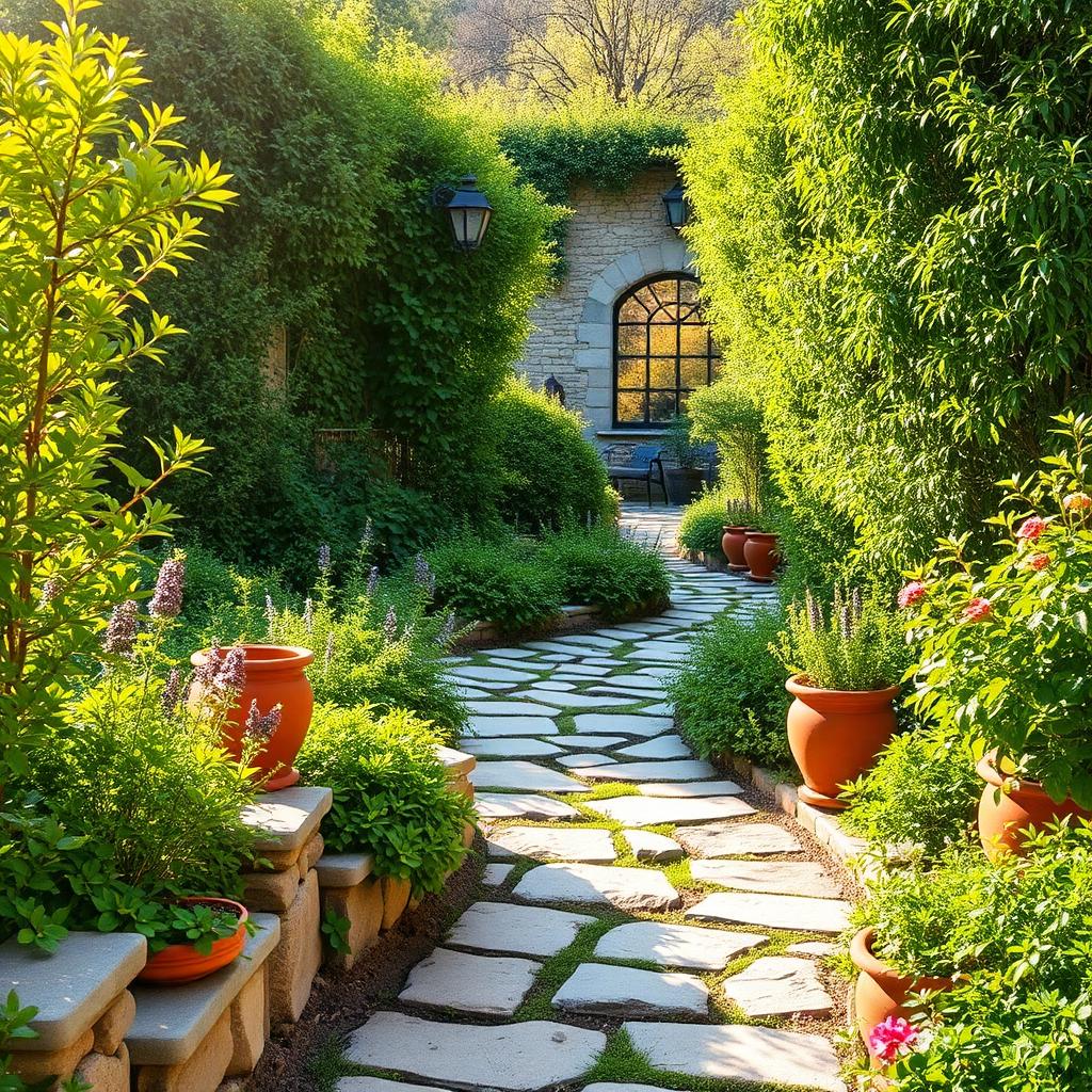 Stone garden path with terracotta planters