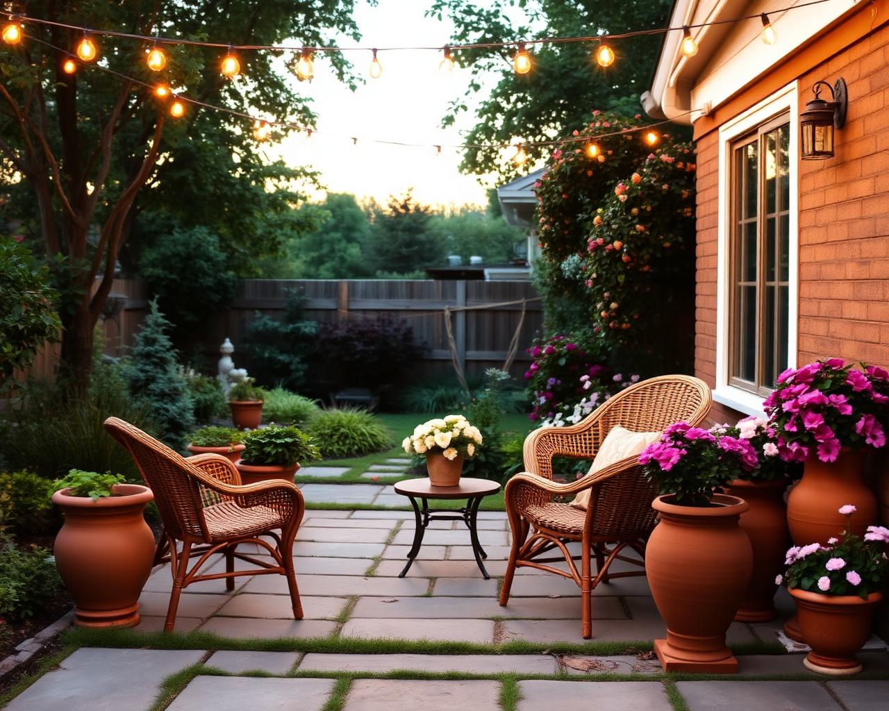 Cozy patio at dusk with string lights