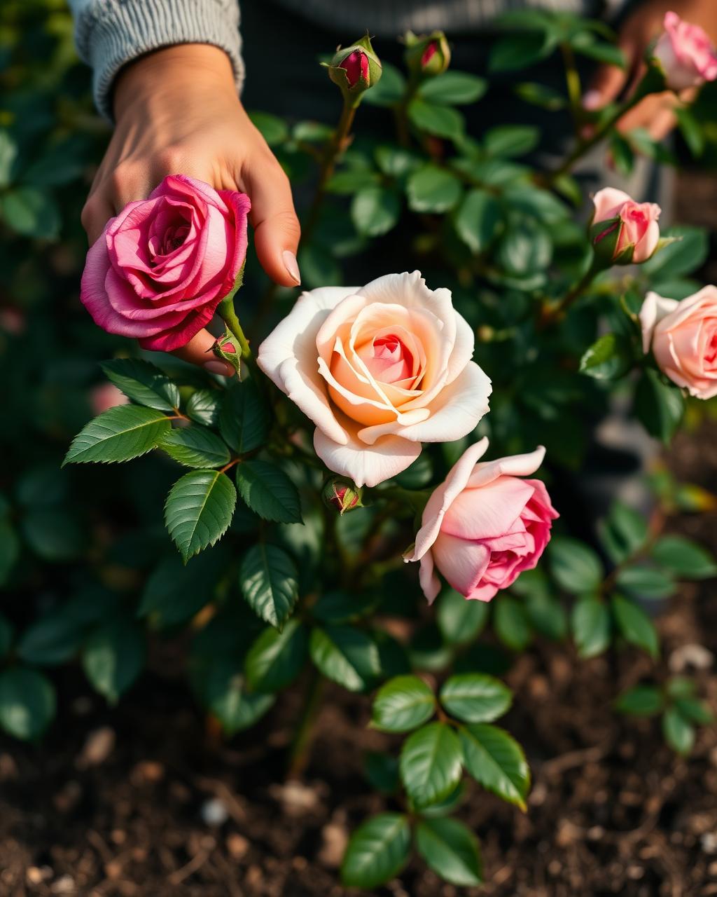Hands tending to a blooming rose bush